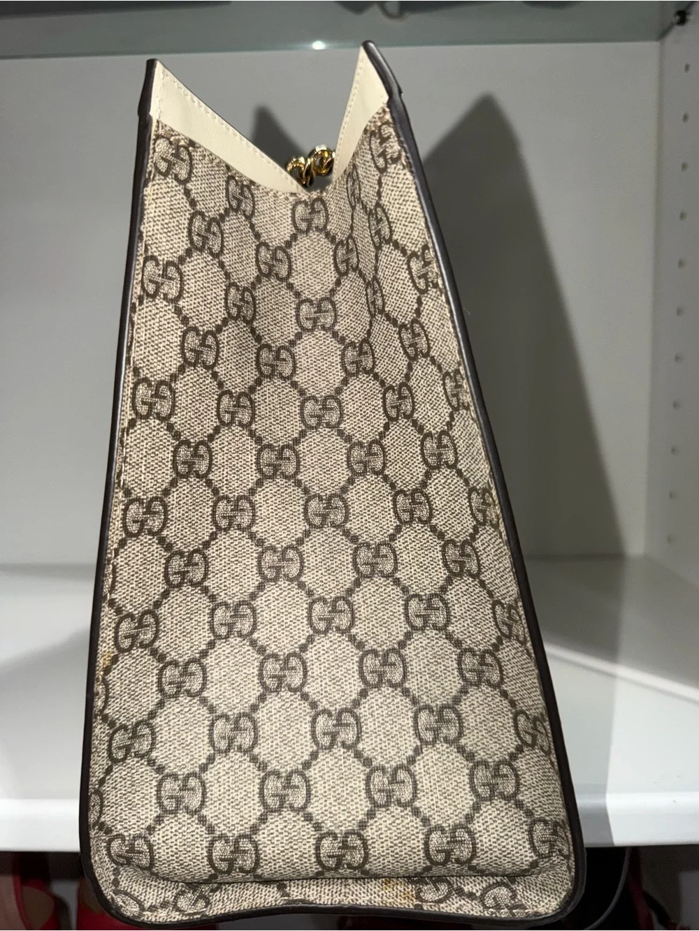 Gucci Beige GG Supreme Tote with White Trim and Gold Hardware